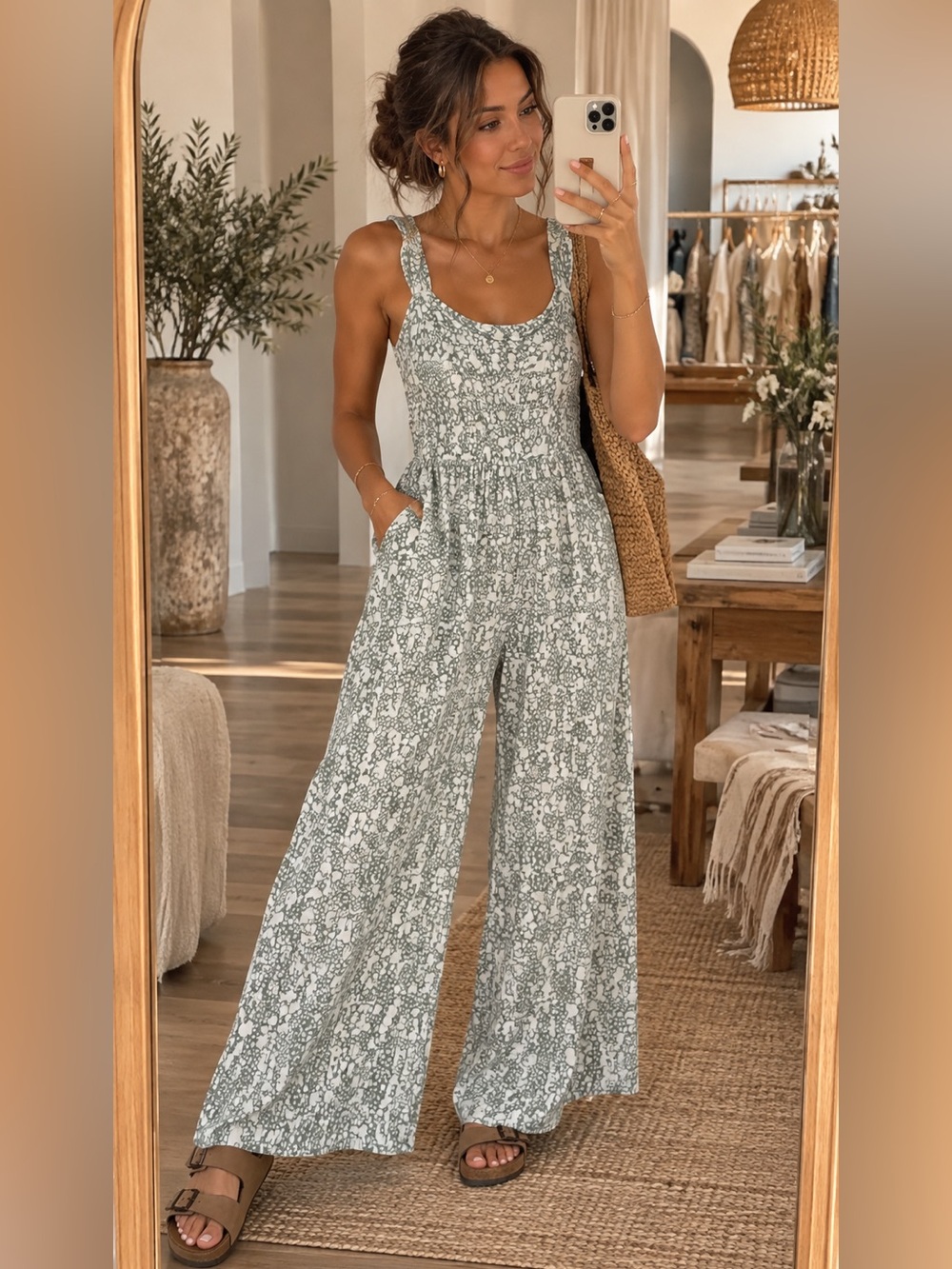 Caution To The Wind Sage Floral Ruffle Strap Wide Leg Jumpsuit
